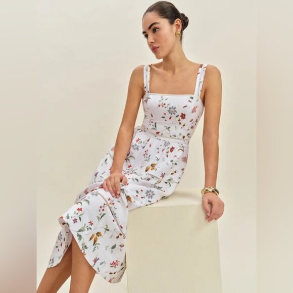 NEW Reformation Everett Linen Midi Dress Corsini White Multi Floral | US 2 UK 6 - Picture 1 of 16
